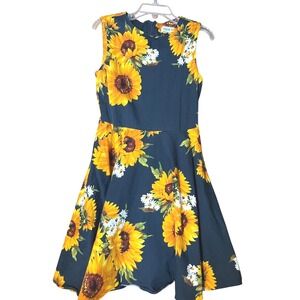 Kate Kasin Girls Sunflower Dress 8 9Y Navy Blue Sleeveless Fit Flare